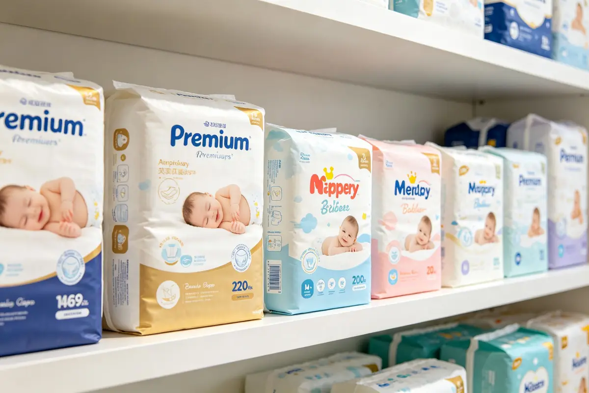 Multiple premium baby diaper brands in comparison display