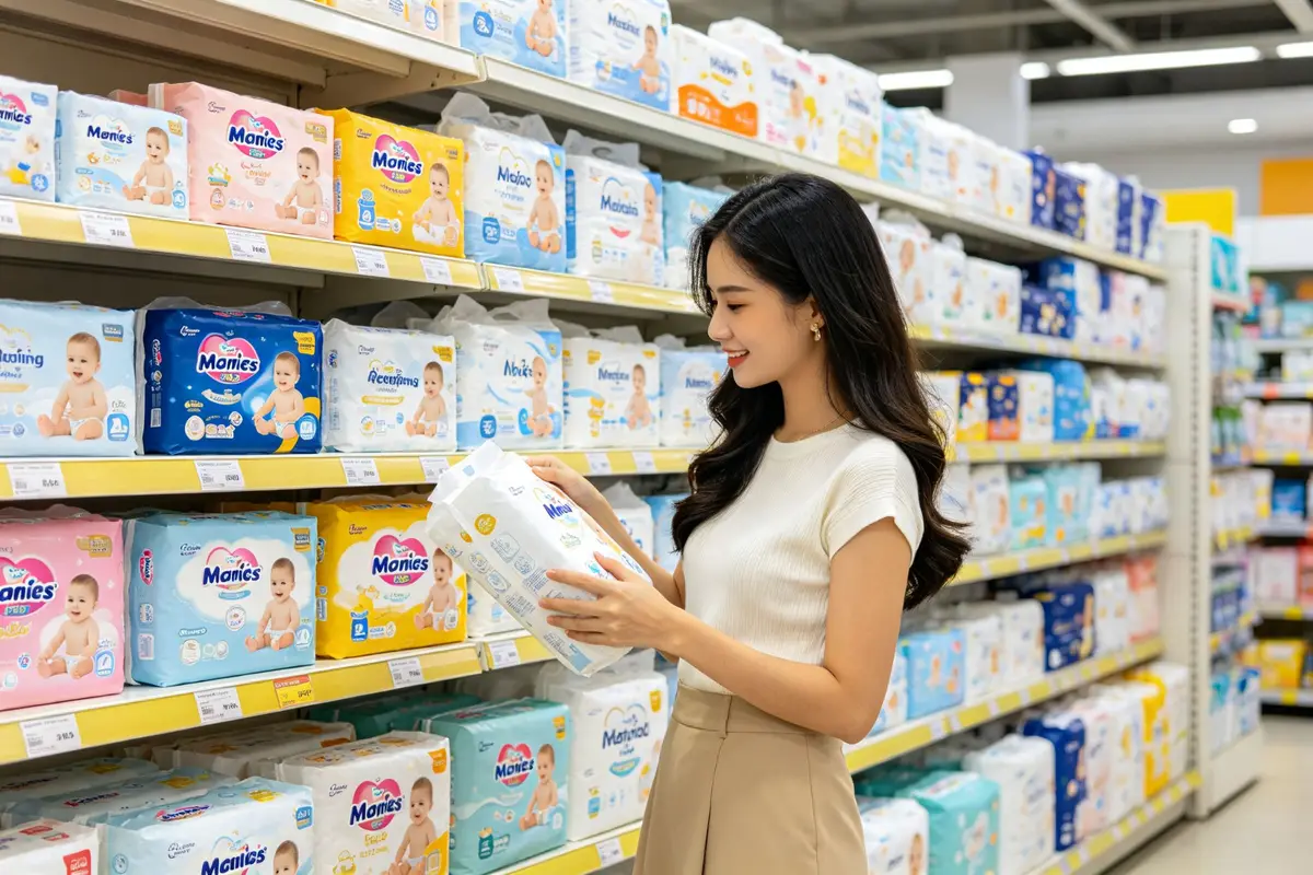 Vietnamese mother comparing diaper brands in supermarket