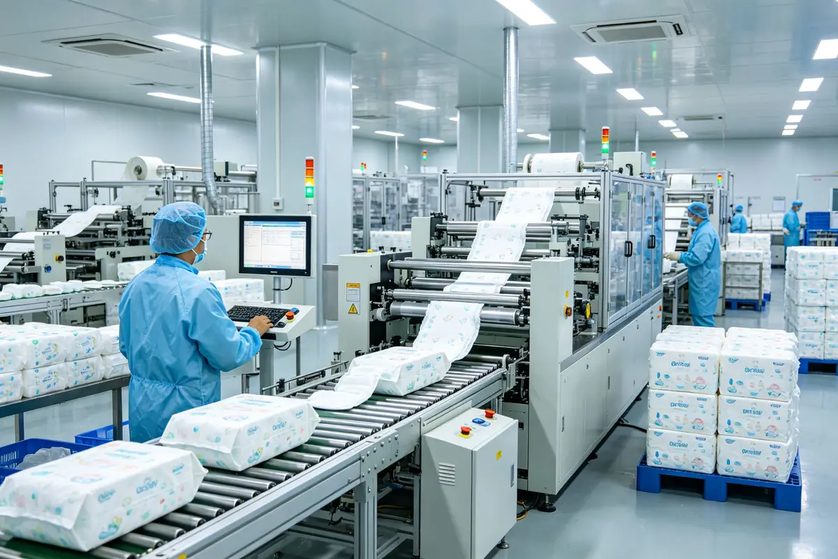 Modern diaper manufacturing factory in Southeast Asia