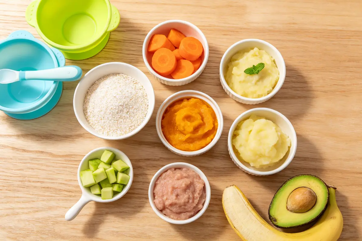 Baby solid food ingredients: cereal, vegetable purees, meat puree, fruit