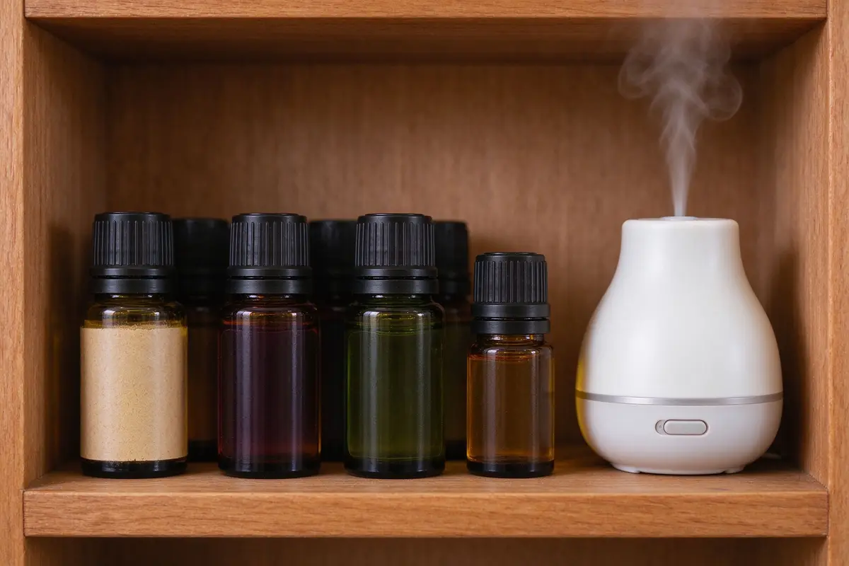 Essential oil bottles and a small diffuser on a wooden shelf, no labels