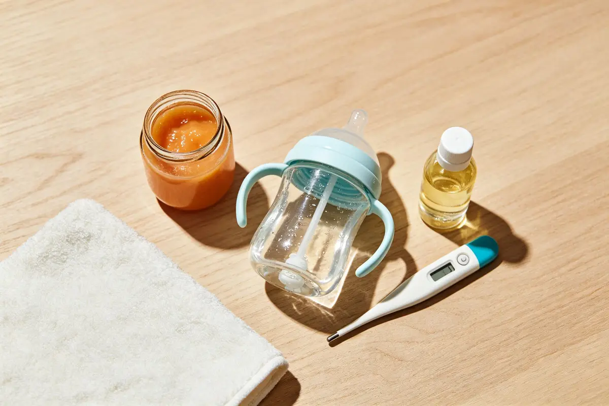 Baby constipation relief items including fruit puree, sippy cup, thermometer, baby oil, and washcloth on wooden surface