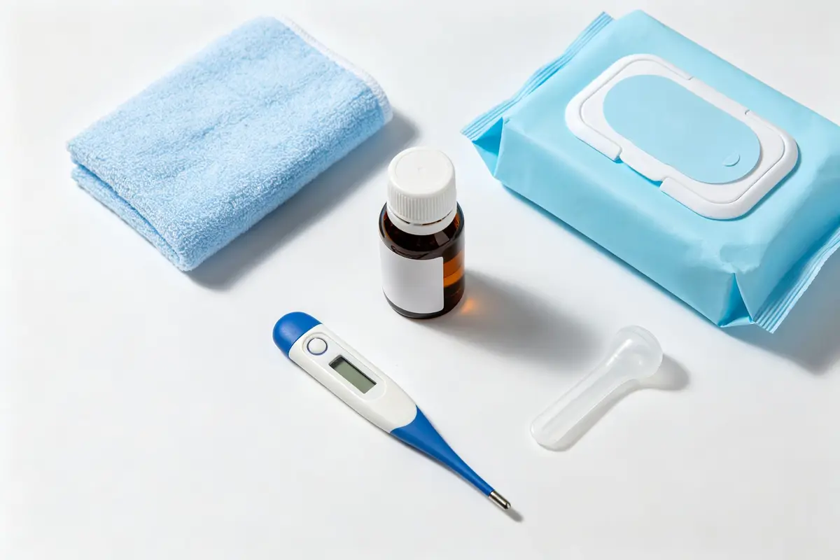 Baby fever care essentials including digital thermometer, fever reducer medicine, cool washcloth, and baby wipes on white background
