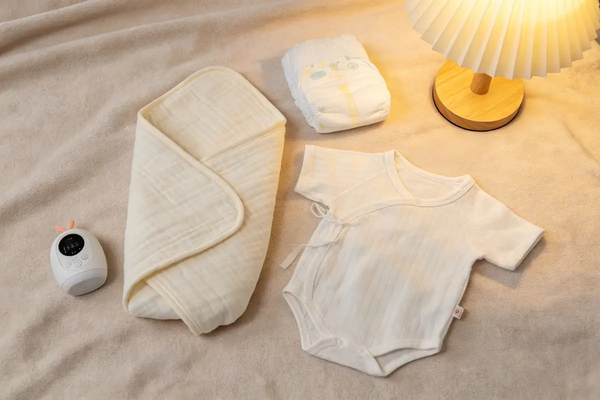 Cozy nursery flat lay with swaddle blanket, baby monitor, diaper, onesie and lamp on soft neutral background