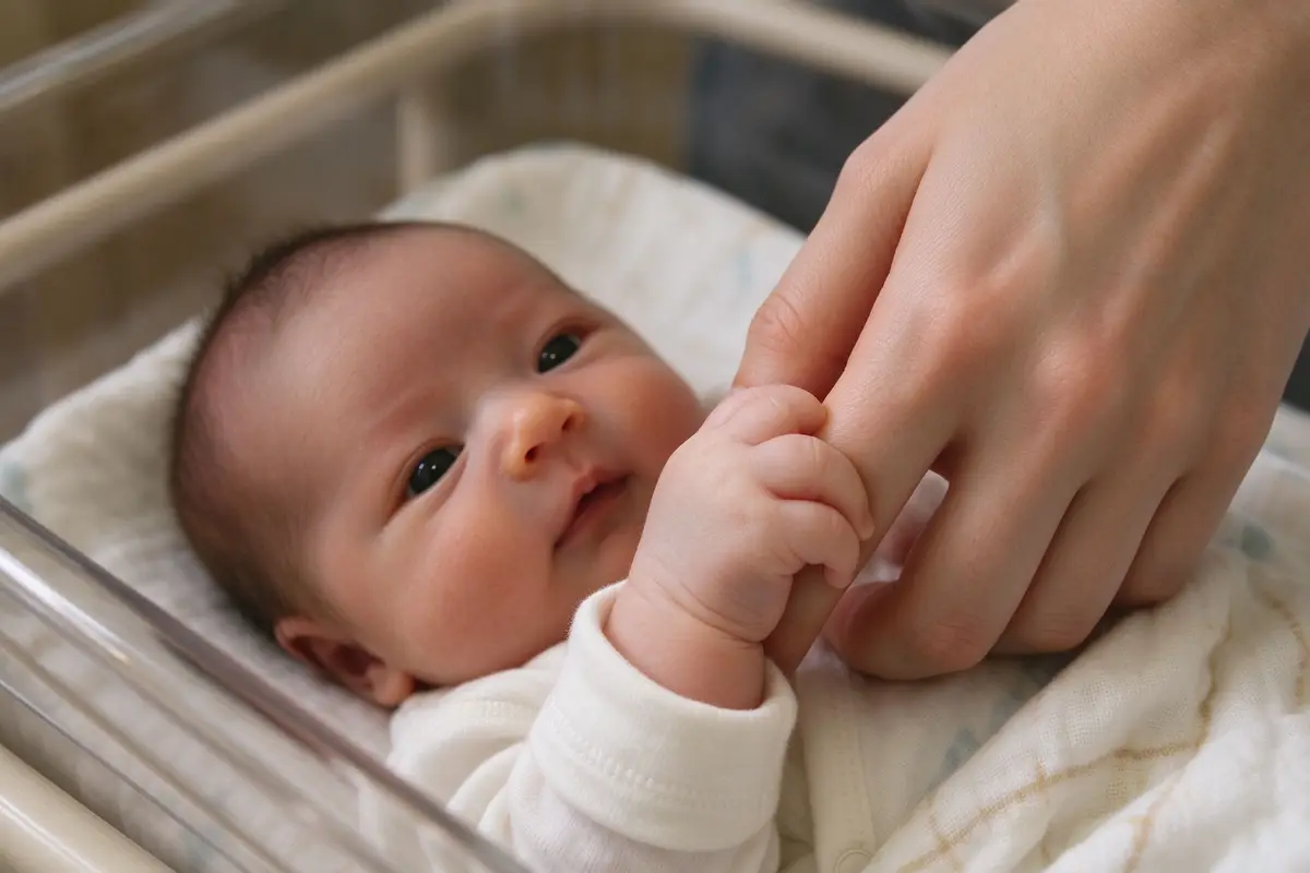 Close-up of a newborn baby's hand gripping a parent's finger inside a bassinet