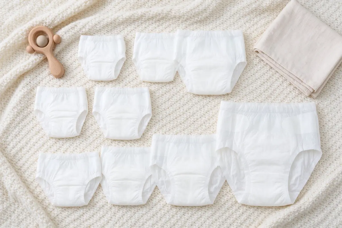Plain baby diapers in four increasing sizes arranged in rows on a cream knitted blanket