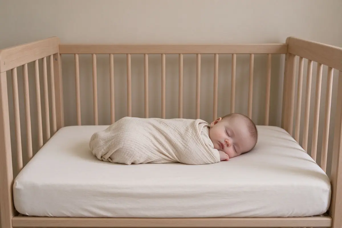 Swaddled baby sleeping in an empty crib on a firm mattress, safe sleep environment