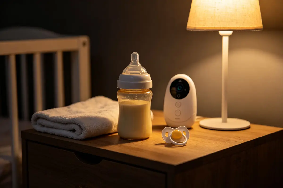 Baby bottle, baby monitor, folded blanket and pacifier on a wooden nightstand in a dimly lit nursery with warm lamp light
