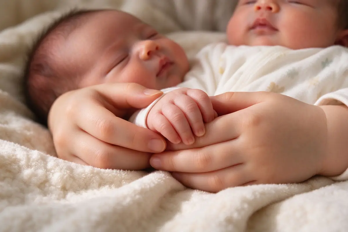Toddler hands gently holding newborn baby's tiny hand on soft cream blanket, warm light
