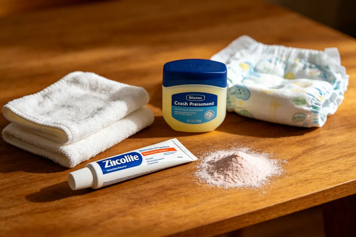 Diaper rash prevention essentials on wooden table