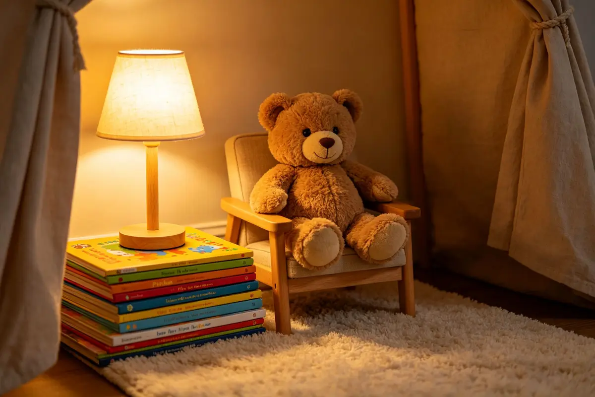 Cozy children's reading corner with a teddy bear sitting on a small chair, warm lamp glowing, stack of colorful picture books beside it, soft rug, no visible text