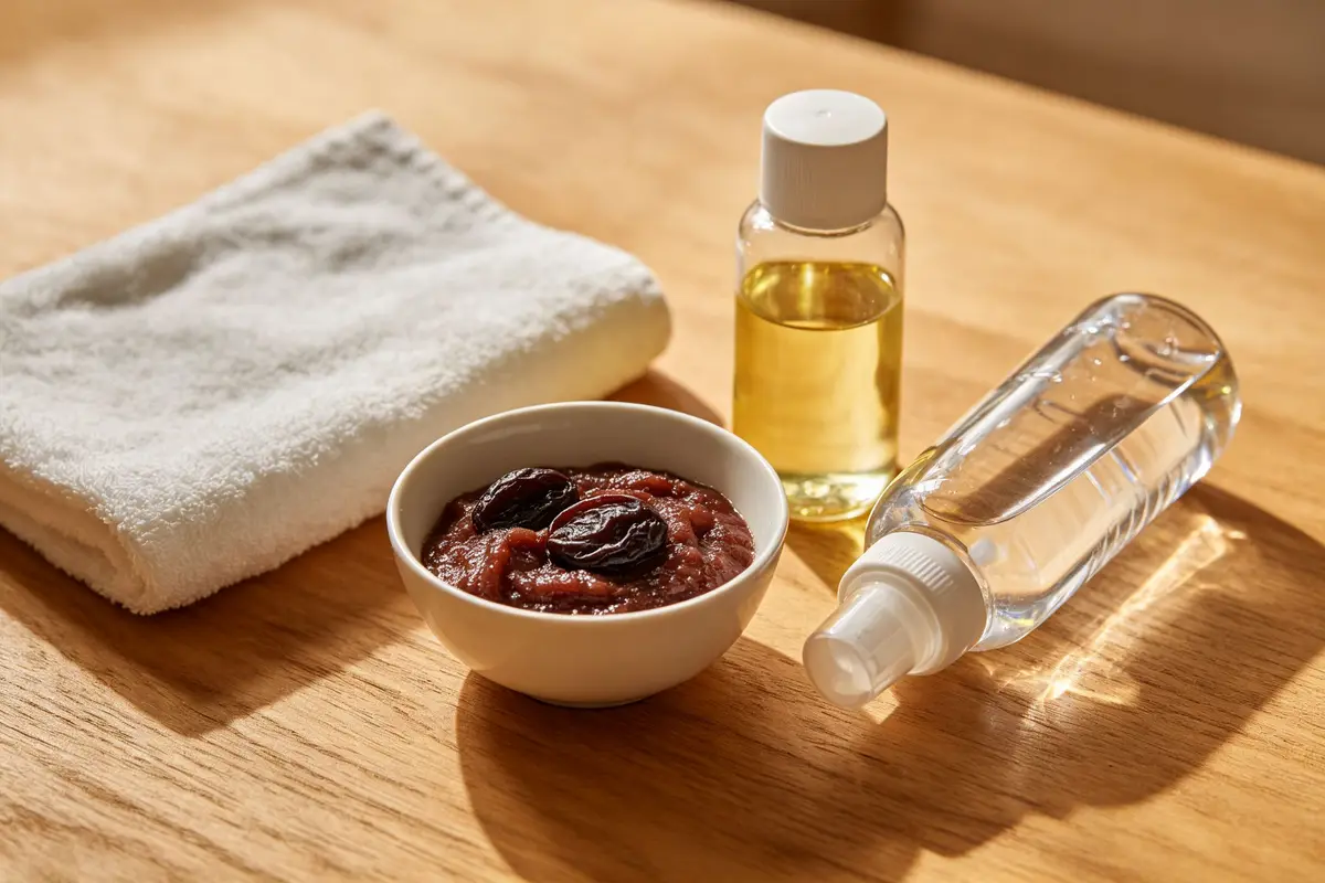 Baby constipation relief items pureed prunes water massage oil soft towel on wooden table