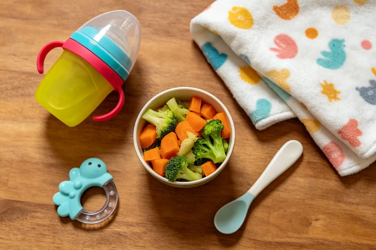 Baby weaning essentials including sippy cup, soft foods, comfort blanket and teething toy on wooden table