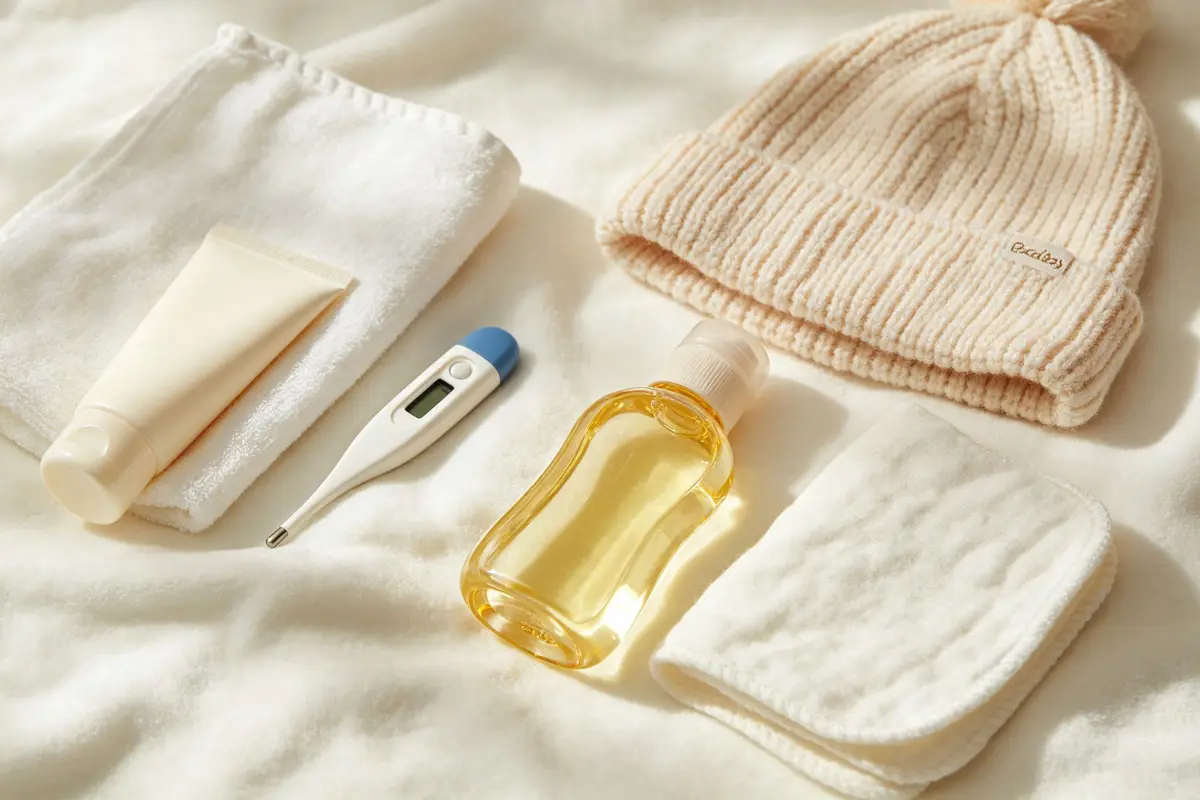 Newborn baby care essentials including thermometer, lotion, and soft towels
