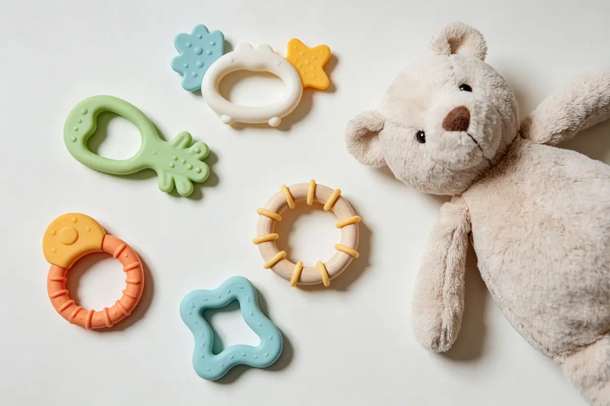 Toddler teething toys including silicone chew toys and textured teething rings on a clean background