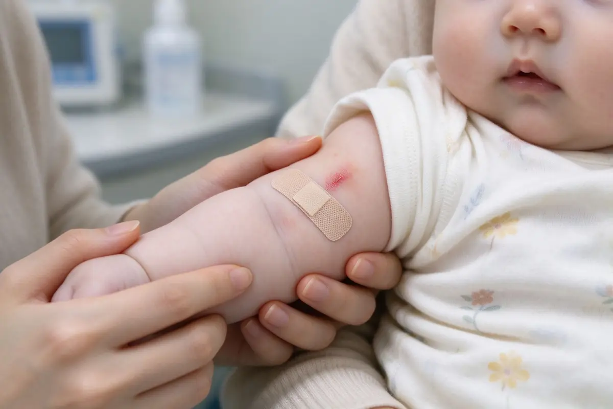 Close-up of baby arm with adhesive bandage after vaccination, mother gently holding