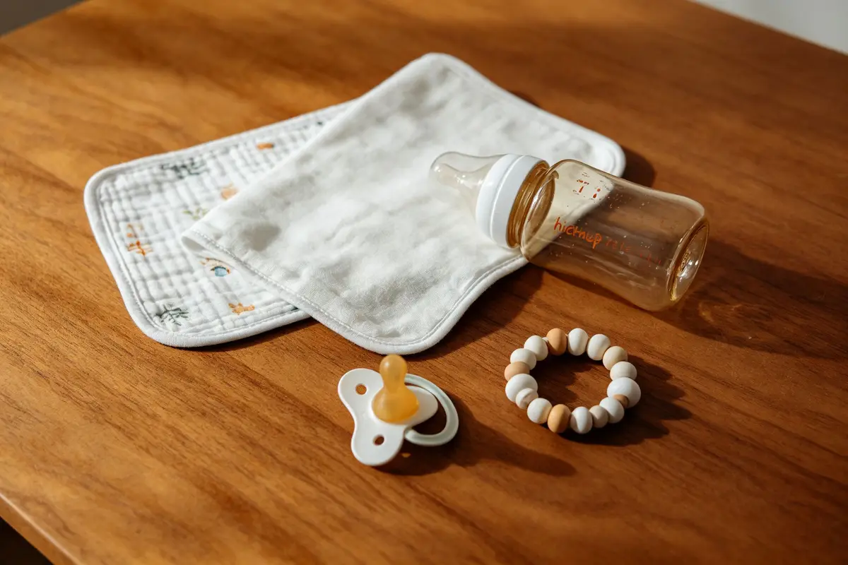 Baby hiccup relief essentials burp cloth bottle pacifier on wooden table