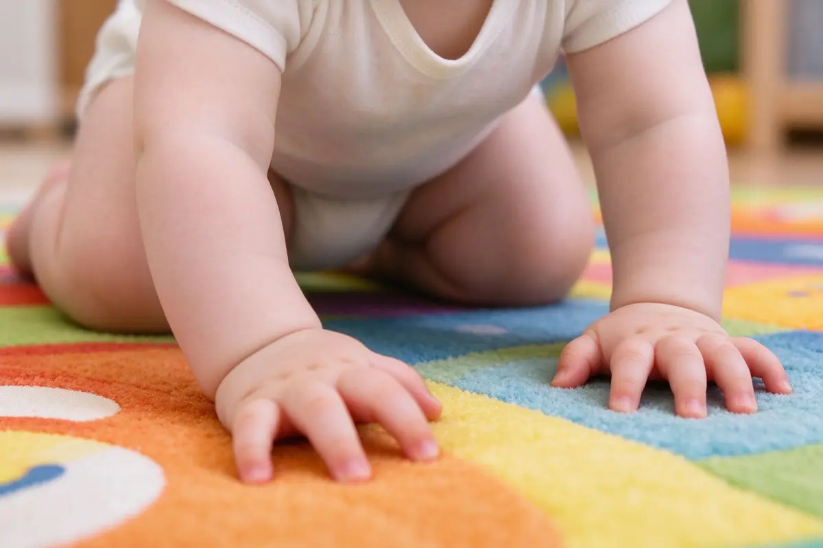 Close-up of baby hands and knees crawling on a colorful play mat, reaching forward