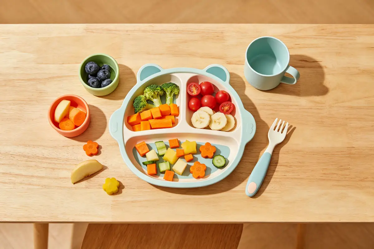 Healthy toddler finger foods and mealtime essentials including divided plate, vegetables and fruit on wooden table