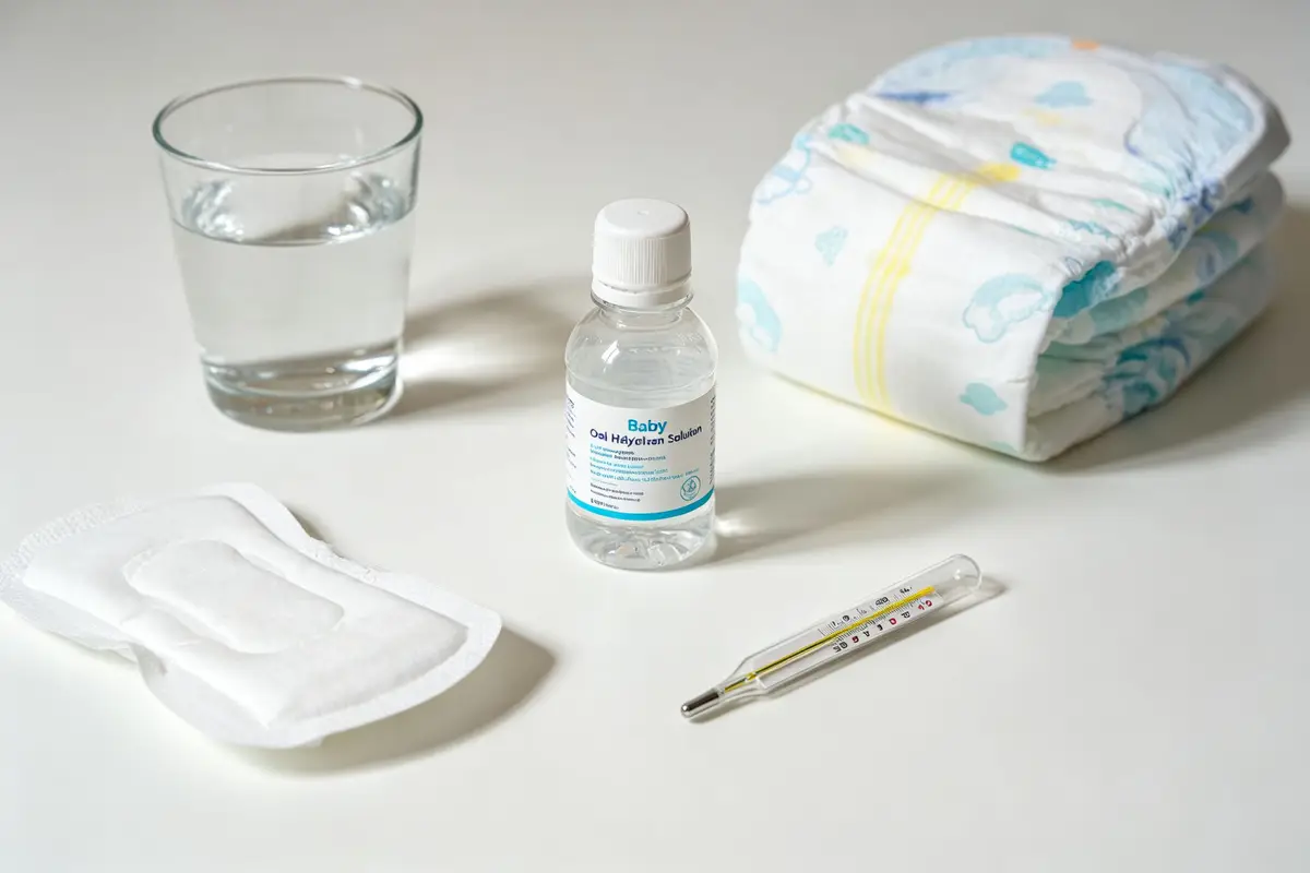 Baby diarrhea care essentials oral rehydration solution diapers wipes thermometer water glass