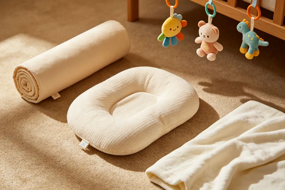 Baby head care items pillow tummy time roll toys blanket on nursery floor
