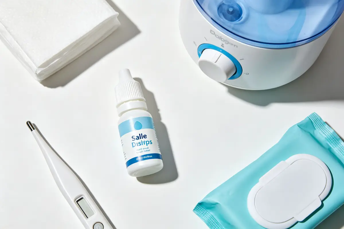 Baby cold care essentials including saline nasal drops, soft tissues, baby wipes, humidifier, and digital thermometer on white background