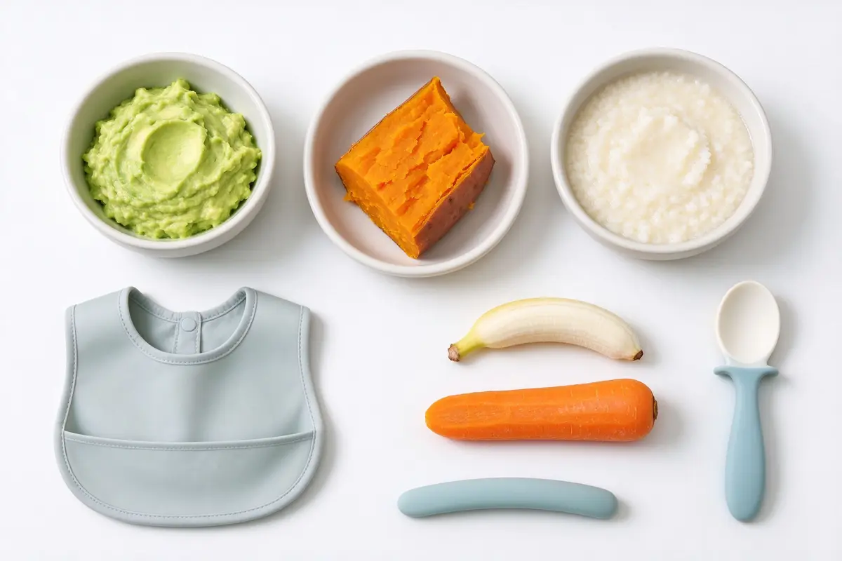 Flat lay of baby first foods: mashed avocado, sweet potato, rice cereal, banana, soft carrot, silicone spoon and bib