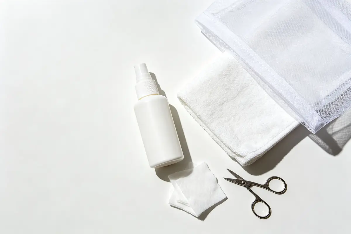 Baby insect bite care essentials including lotion mosquito net washcloth scissors and cotton pads on white surface
