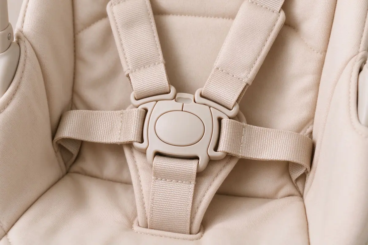 Close-up of a baby swing safety harness buckle and adjustable fabric straps