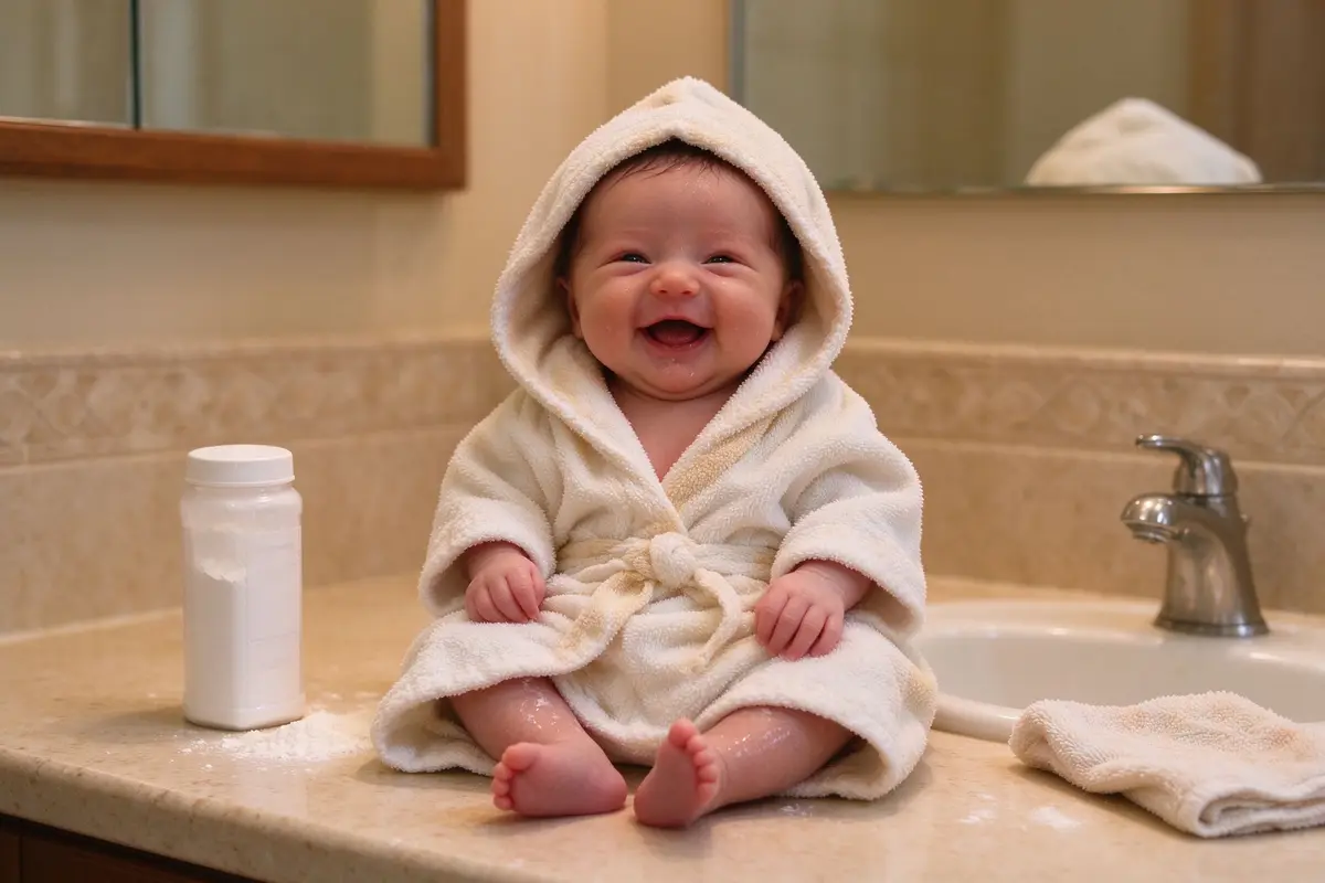 Happy newborn wrapped in a soft hooded towel after bath, sitting on bathroom counter