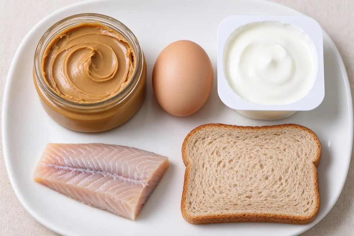 Assortment of common allergen foods on a white plate: peanut butter, egg, yogurt, wheat bread, fish