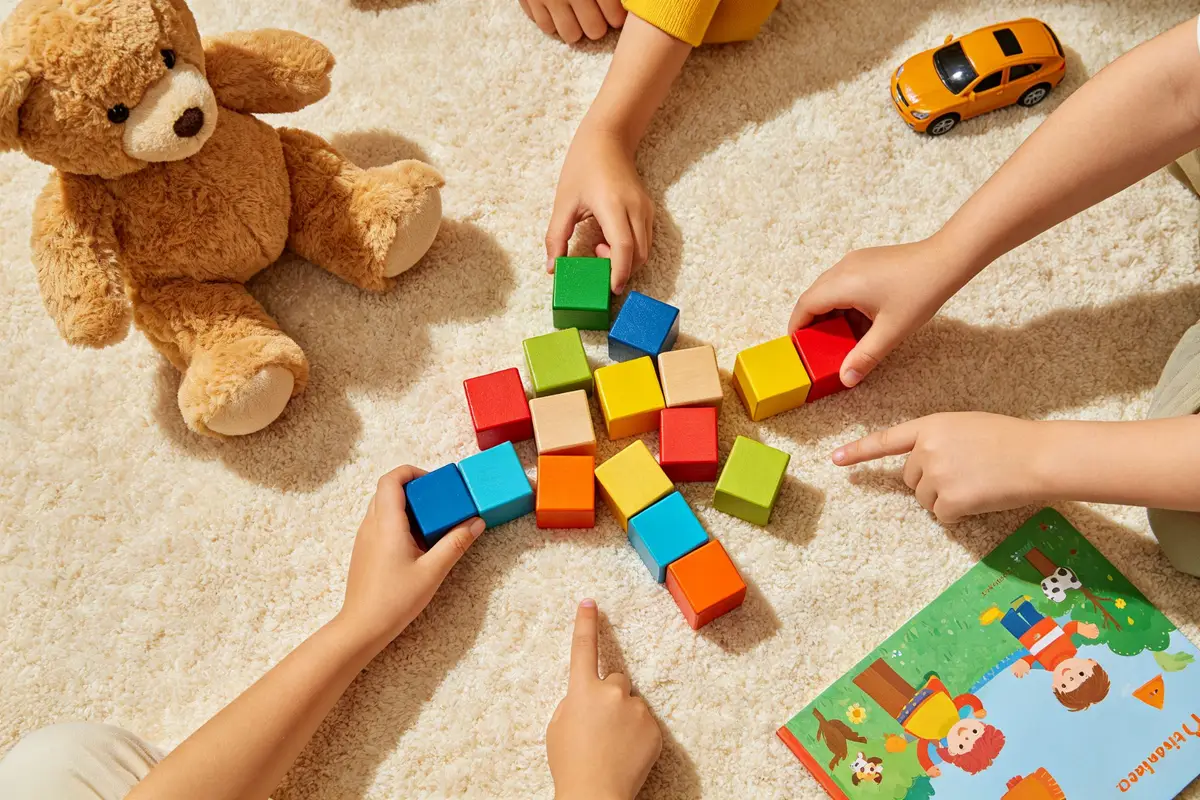 Children's hands sharing colorful wooden blocks and toys on a soft rug