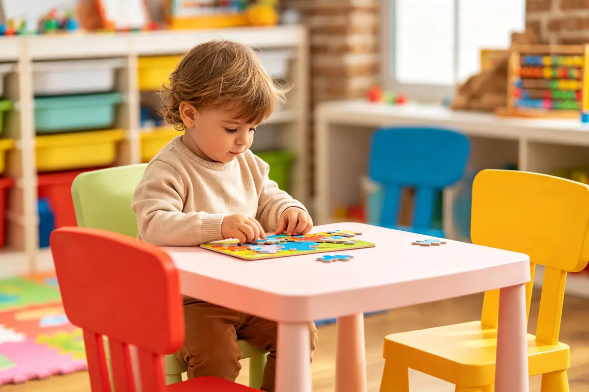 A toddler sitting at a small table in a bright colorful playroom doing a puzzle with other children's chairs around, warm natural light