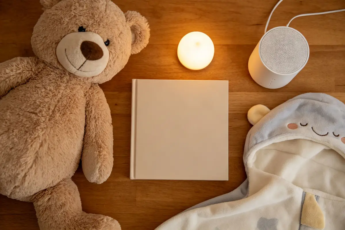 Toddler sleep essentials including teddy bear, storybook, sleep sack, night light, and white noise speaker on wooden floor