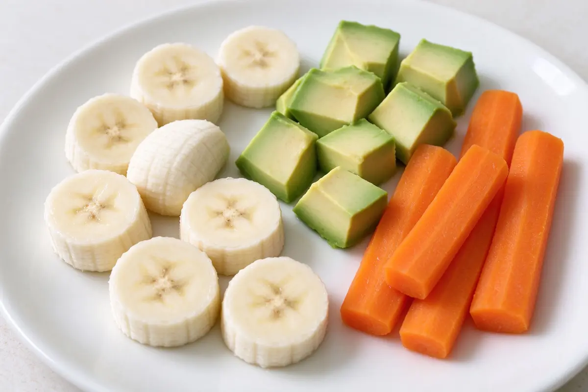 Safe finger foods arranged on a white plate: banana slices, avocado cubes, steamed carrot sticks
