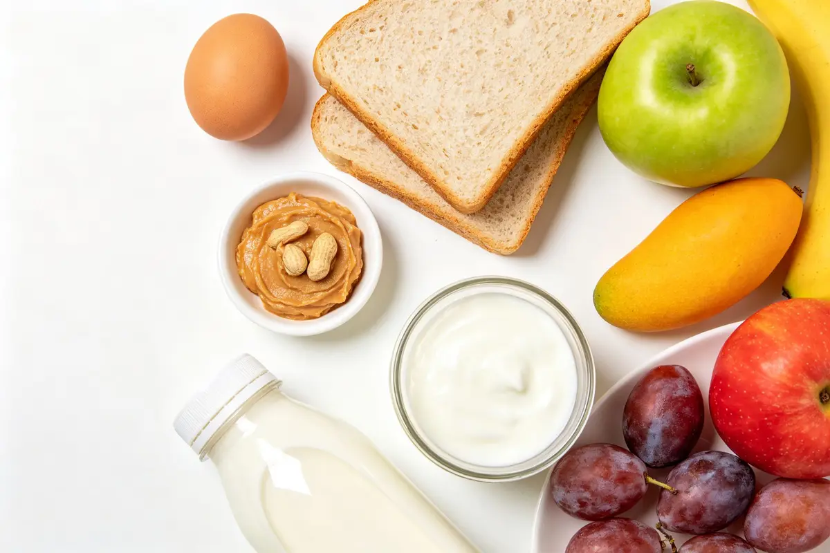 Flat lay of common baby allergen foods: egg, peanut butter, wheat bread, cow milk, yogurt and fruits on clean white background