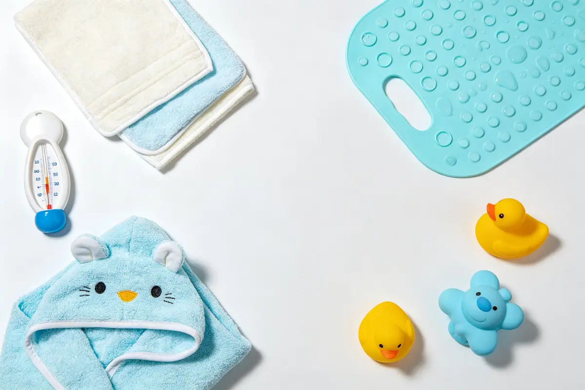 Baby bath safety essentials including a soft towel, a bath thermometer, non-slip bath mat, and rubber duck toys on white background