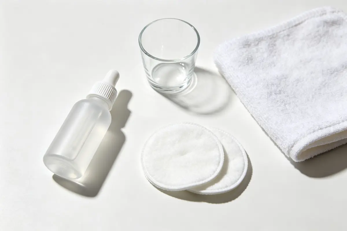 Baby eye care essentials including saline drops, cotton pads, and soft washcloth
