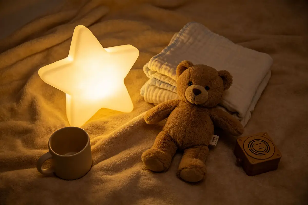 Bedtime comfort items including star night light, teddy bear, blanket and cup on soft blanket in warm light