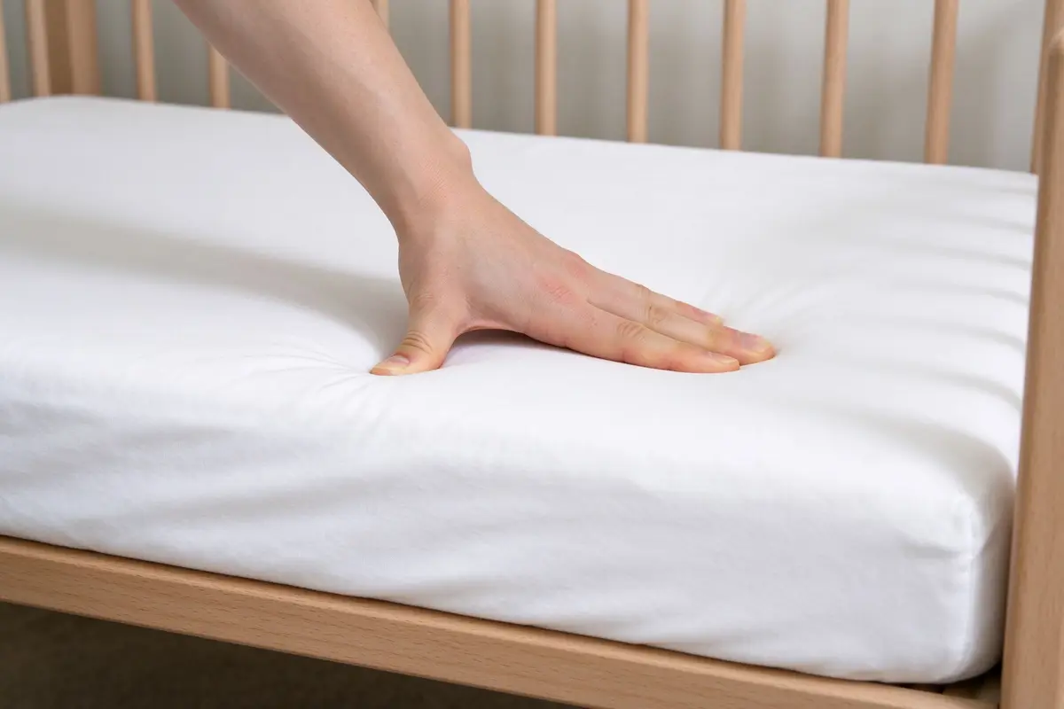 Close-up of a hand pressing down on a firm baby crib mattress to show firmness
