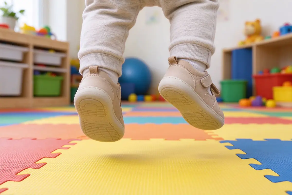 Close-up of toddler feet jumping on colorful foam play mat in bright playroom