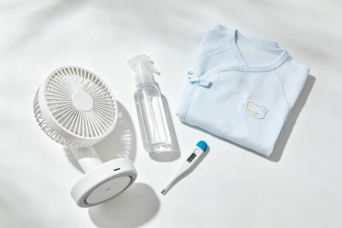 Baby summer cooling essentials including fan spray bottle cotton clothes thermometer and water bottle on white surface