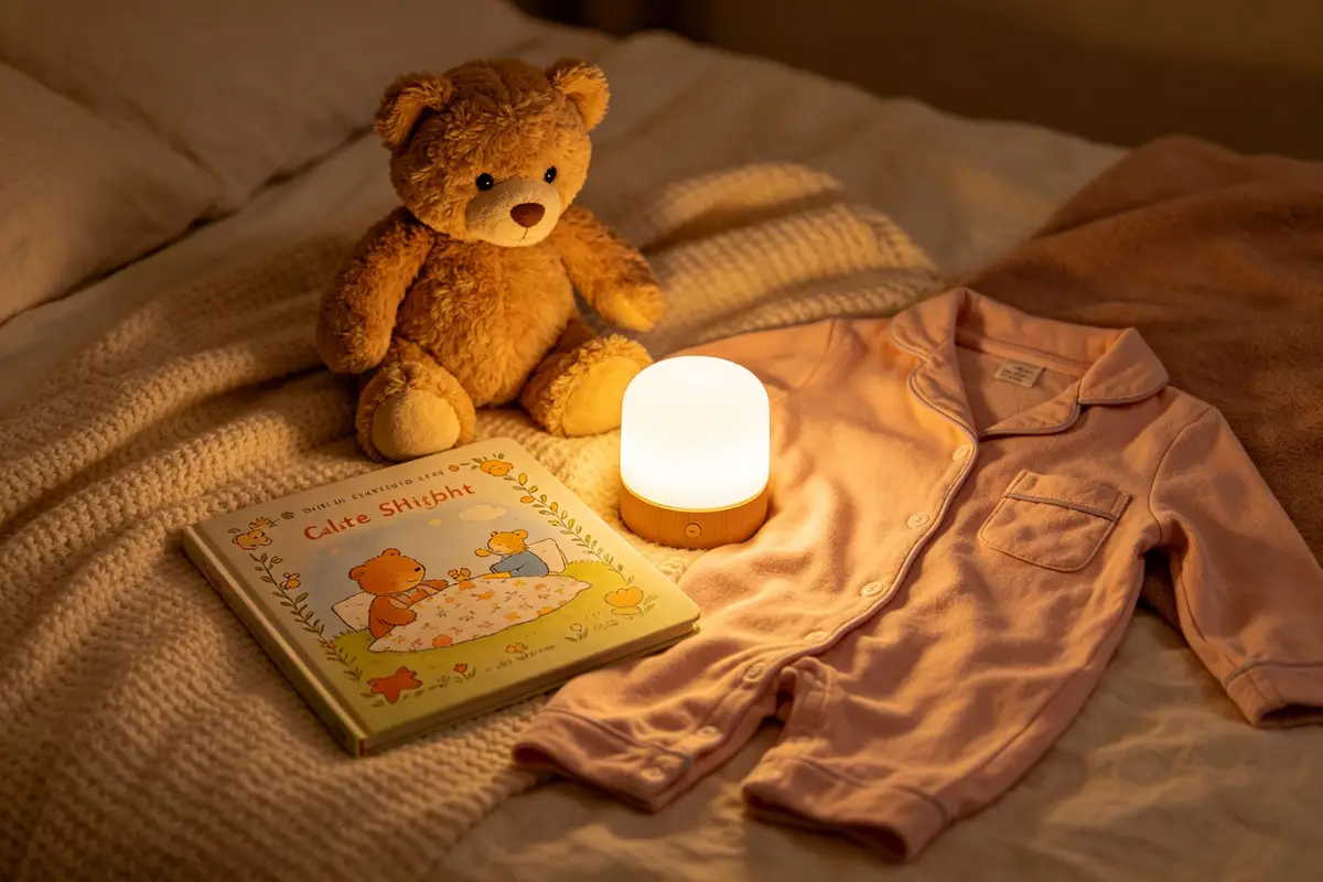 Cozy bedtime routine items including children book, warm lamp, teddy bear, and soft pajamas on a bed with warm lighting