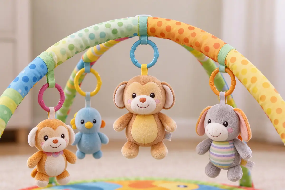 Close-up of colorful soft hanging plush toys on a baby activity gym arch