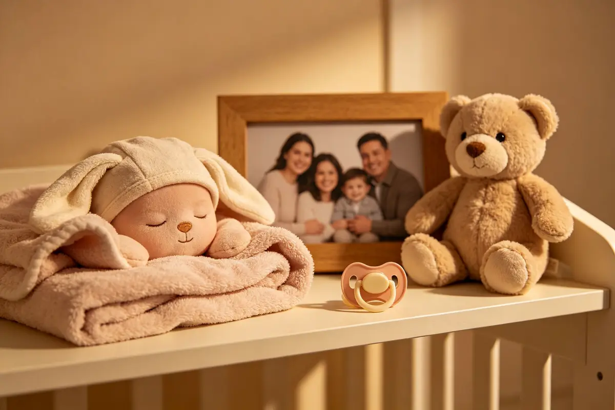 Comforting items for shy baby soft blanket stuffed animal family photo frame pacifier on nursery shelf