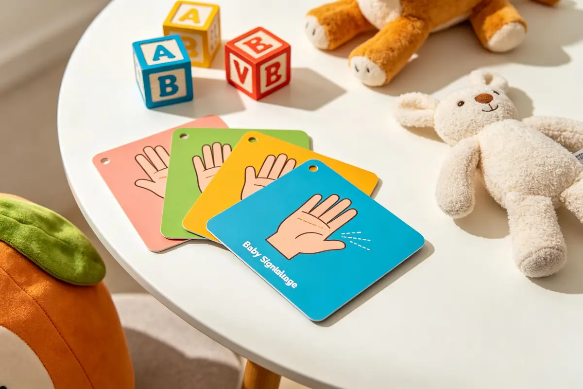 Baby sign language flashcards alphabet blocks soft toys on white table