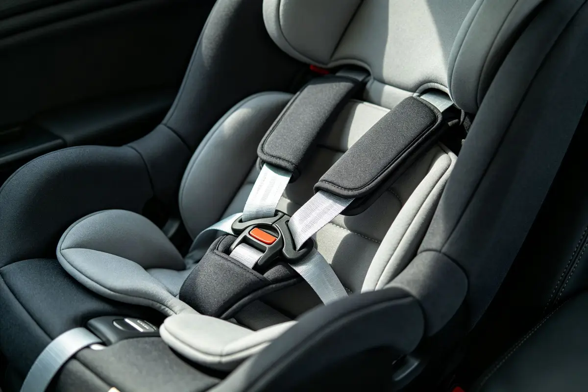 Close-up of a rear-facing baby car seat showing five-point harness straps, chest clip, and head support, clean car interior background, product photography style
