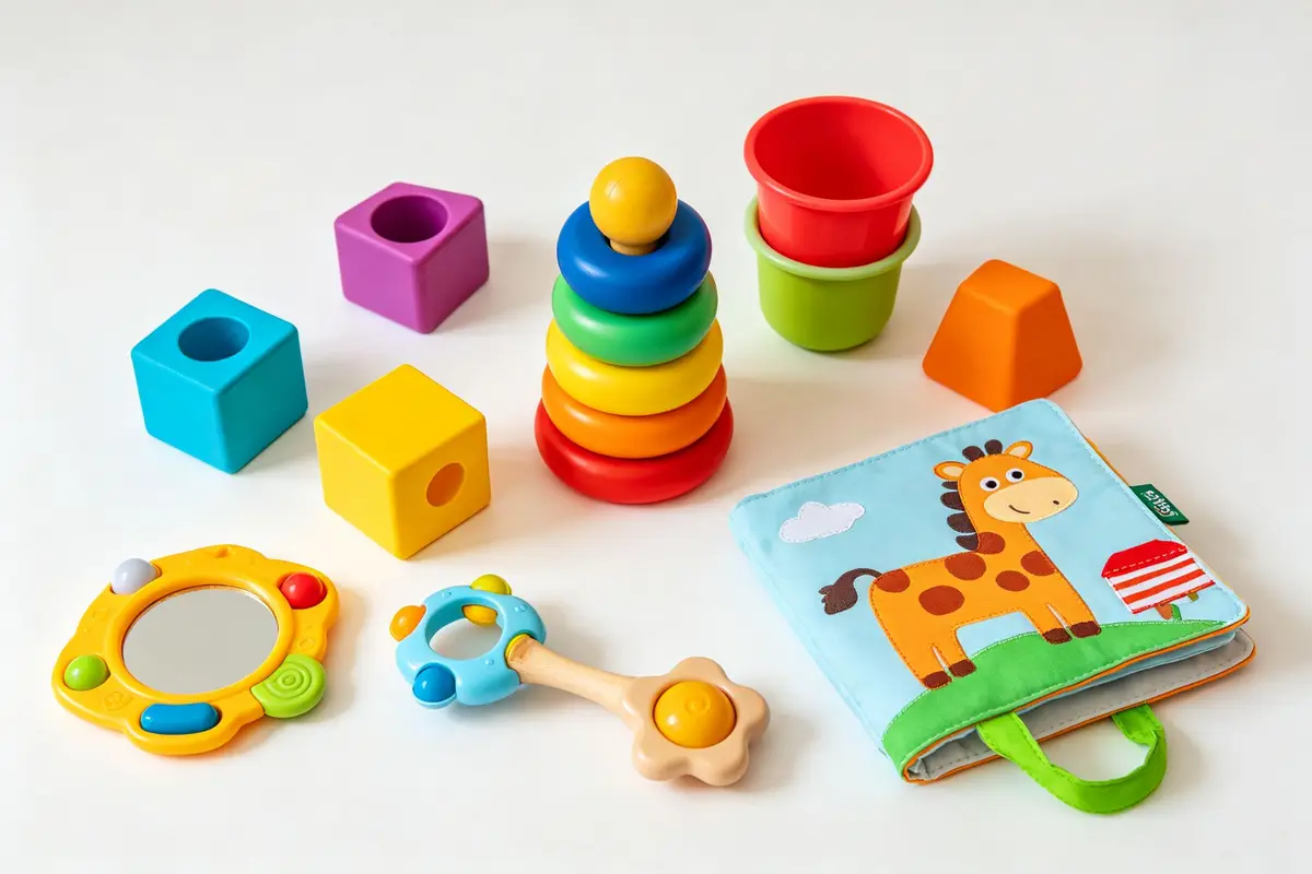Baby cognitive development toys on white background
