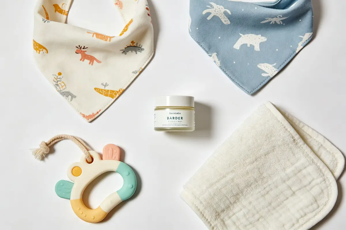 Baby teething essentials including silicone teething toys, cotton bandana bibs, soft washcloths, and barrier cream