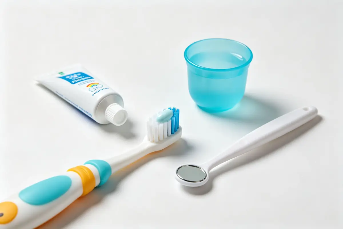 Toddler dental care items on clean white background: soft-bristle toothbrush, fluoride toothpaste, rinse cup and dental mirror